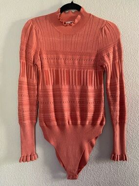 Free People Intimately Womens Coral Pointelle Me About It Mock Neck Bodysuit L